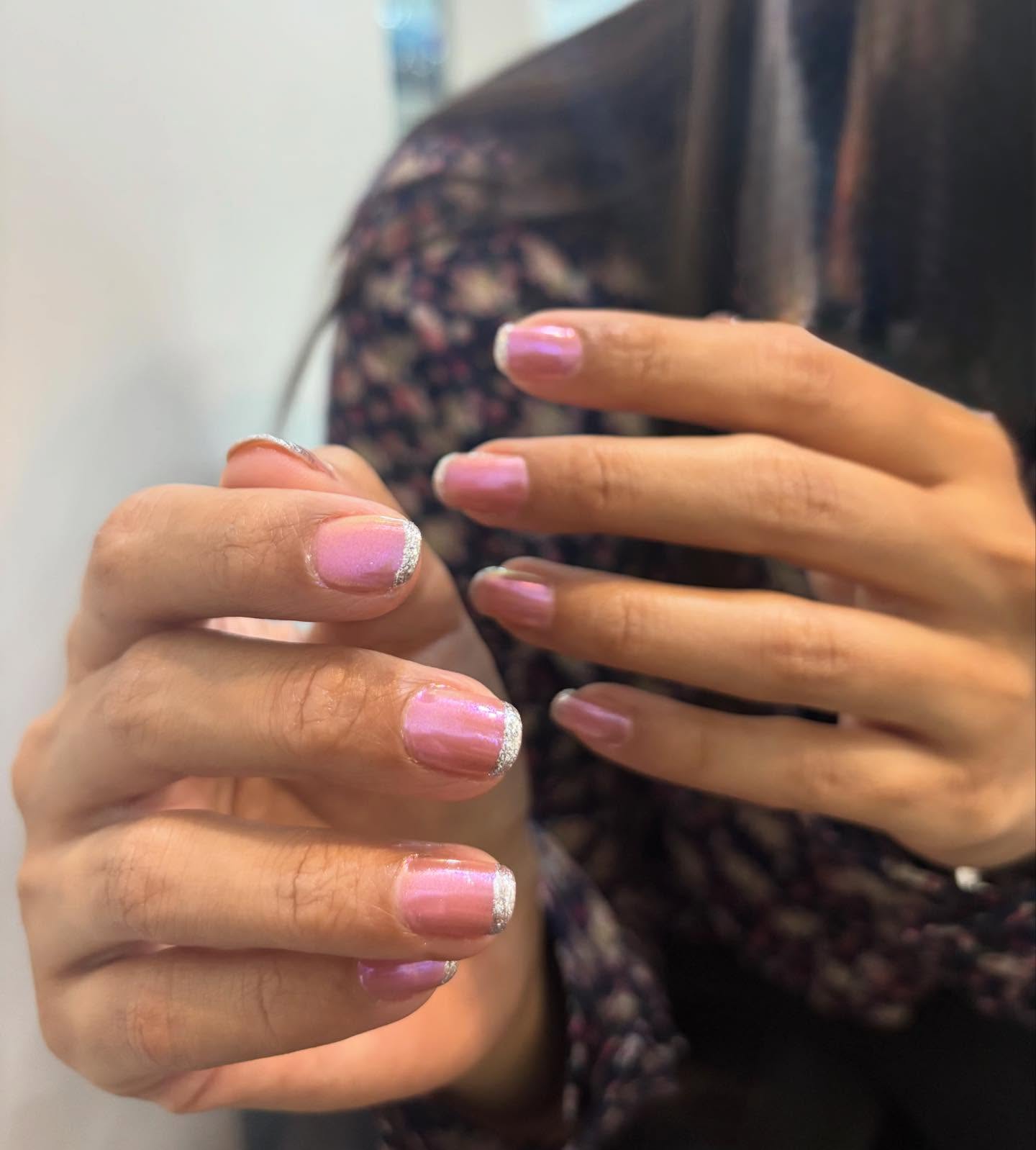 Chrome French-tip gel nails done at Abhilasha Beautic, Thane