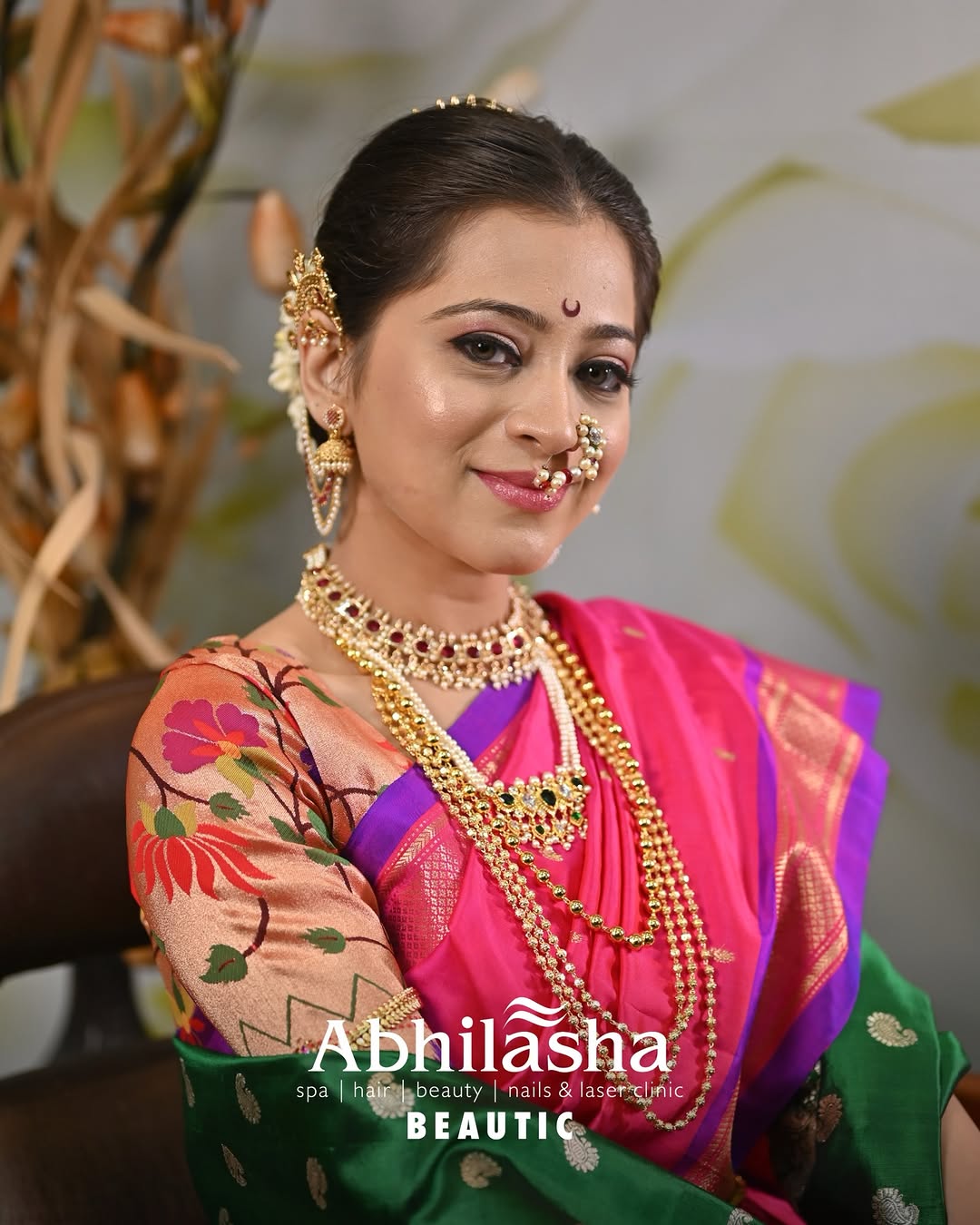 Navari bride in a pink Paithani saree — bridal makeup and styling by Abhilasha Beautic, Thane