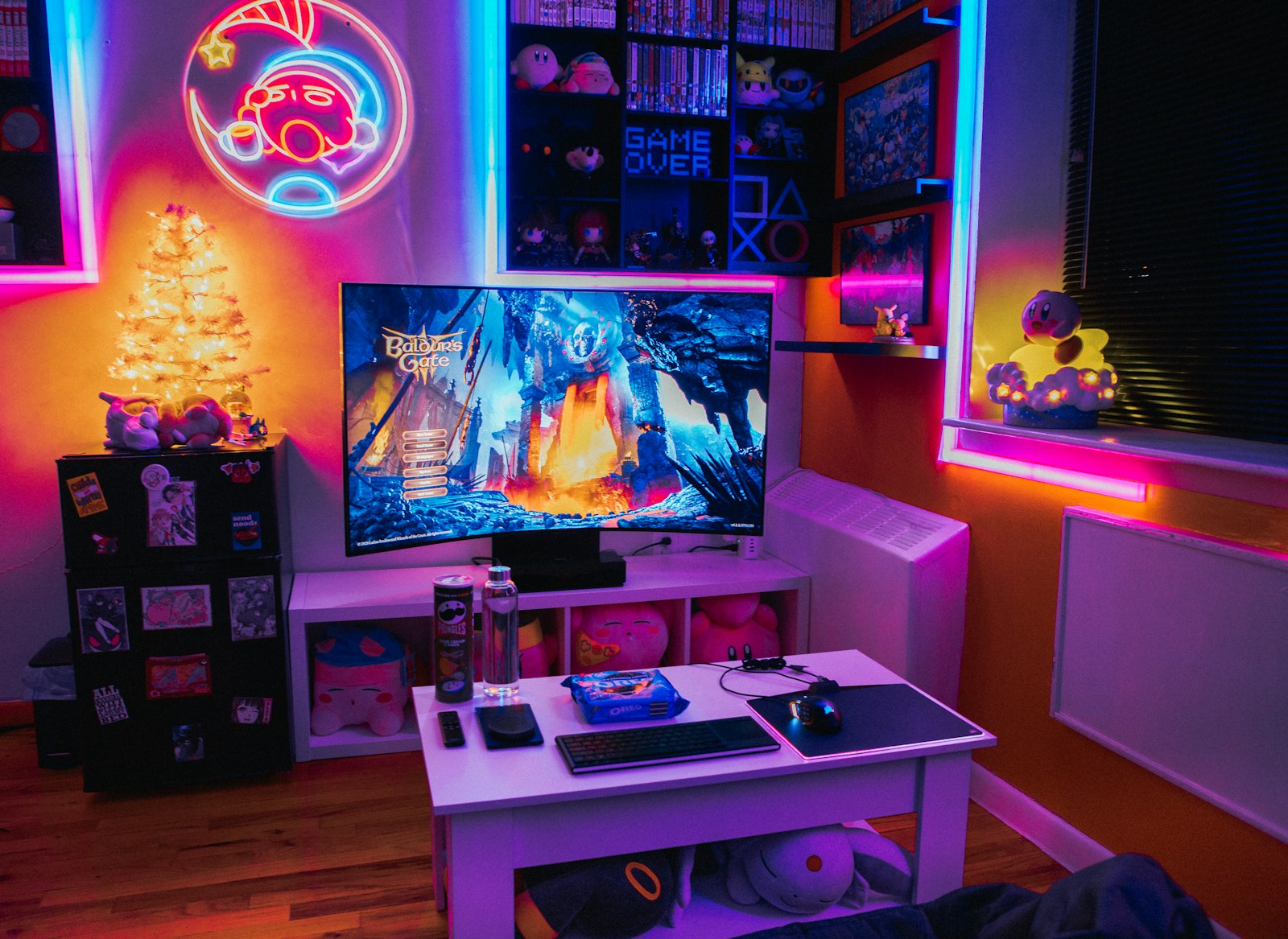Cosy neon-lit gaming corner set up for group play