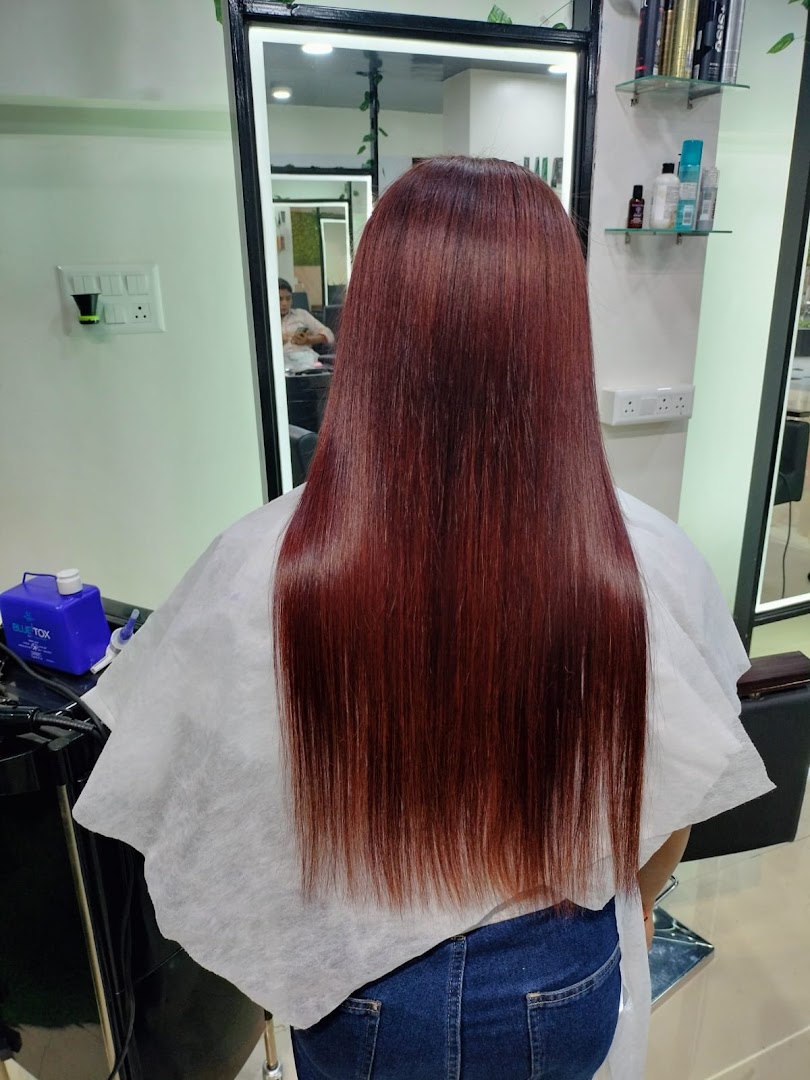 Glossy deep-burgundy long straight hair colour result