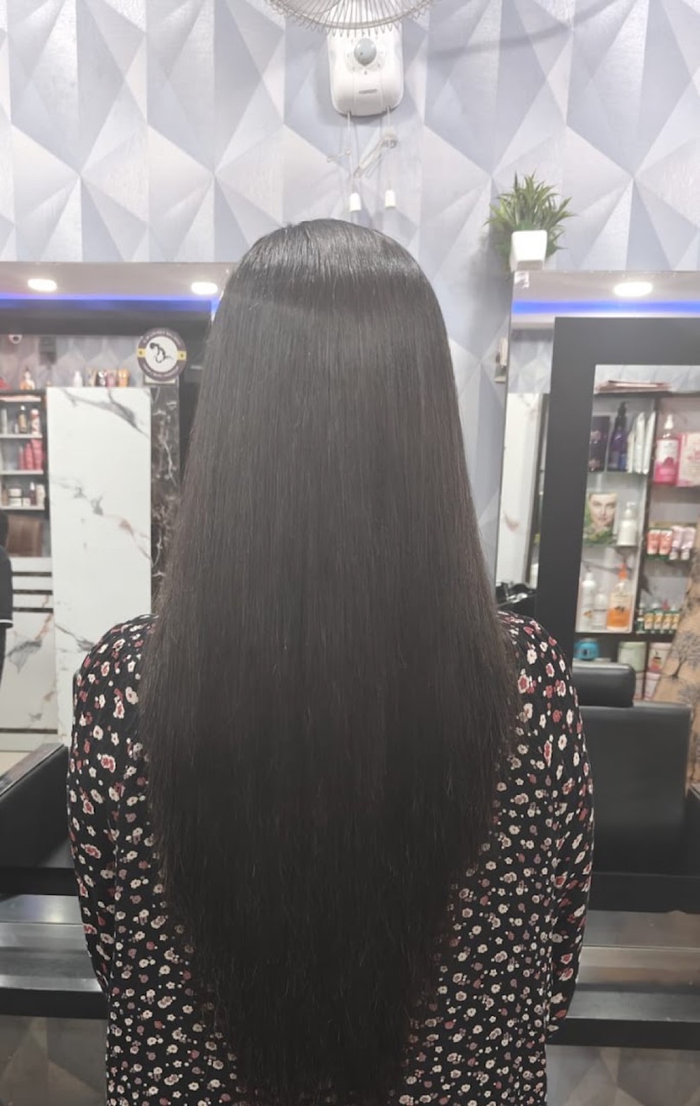 Waist-length hair blow-dried poker straight with a clean centre parting, shot from behind in the salon.