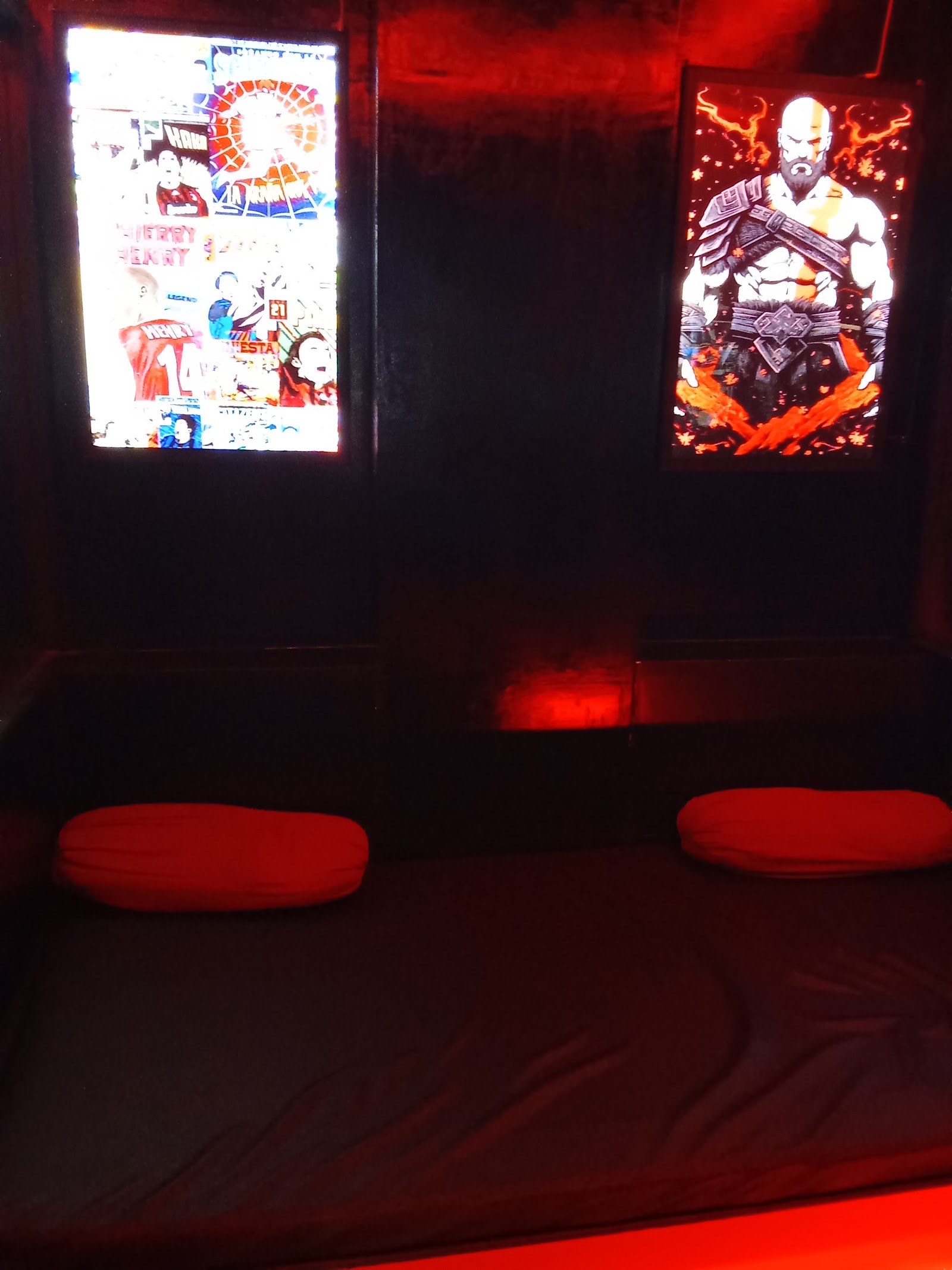 Dim private lounge cabin with floor seating
