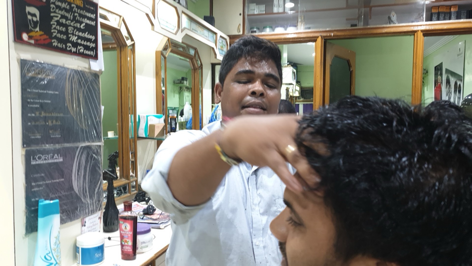 Precision scissor work at the mirror
