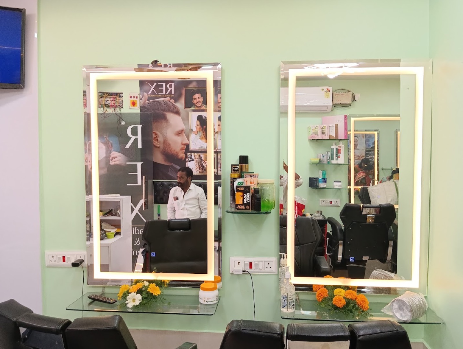 Halo-lit styling stations on the renovated side