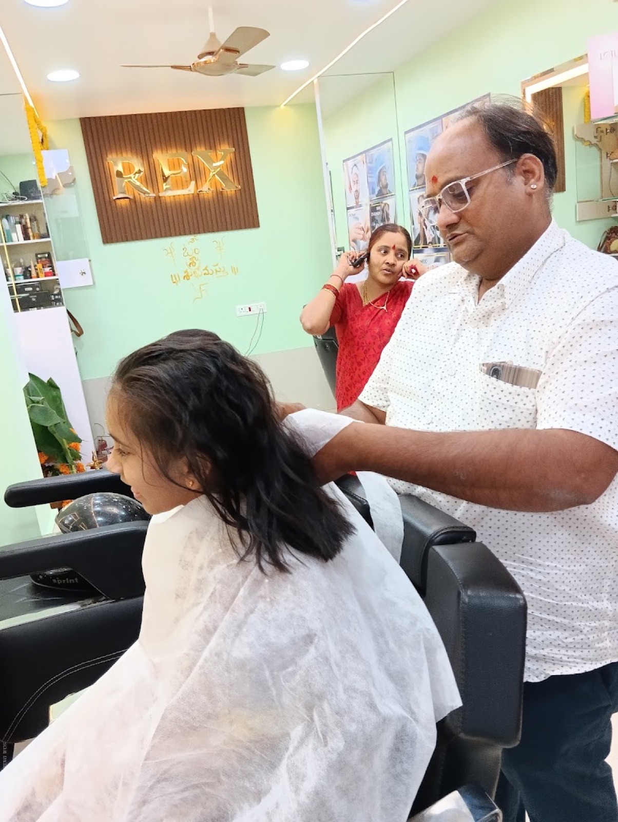 Long-hair styling at the halo-lit mirror